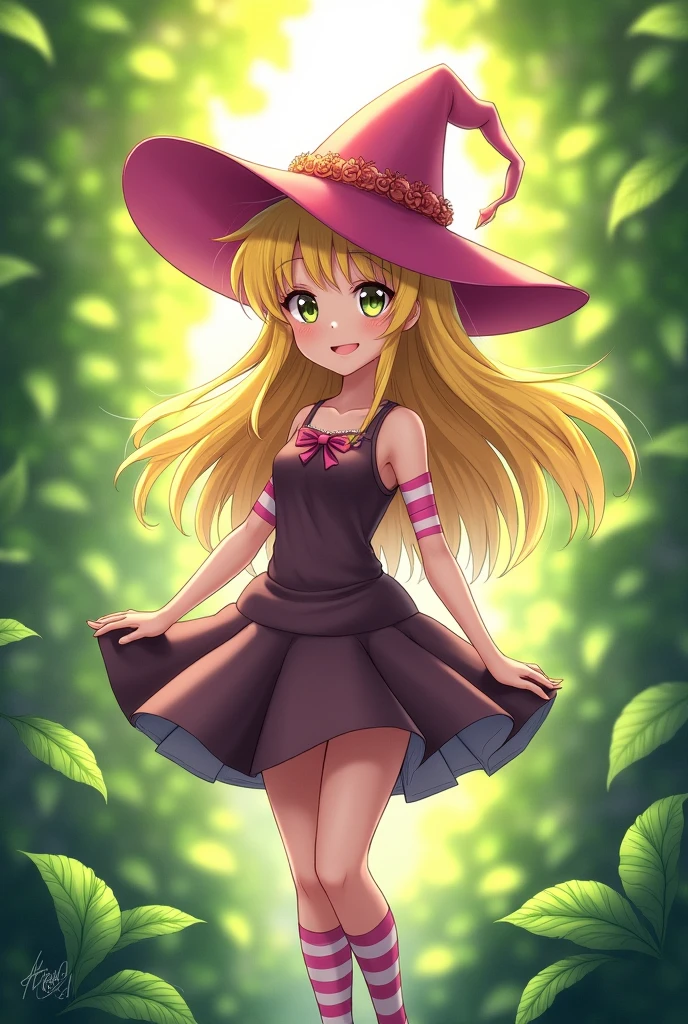 blonde girl, Yu-Gi-Oh, green leaves, naked, big breasts, anime blue witch clothes with pink stripes, smiling