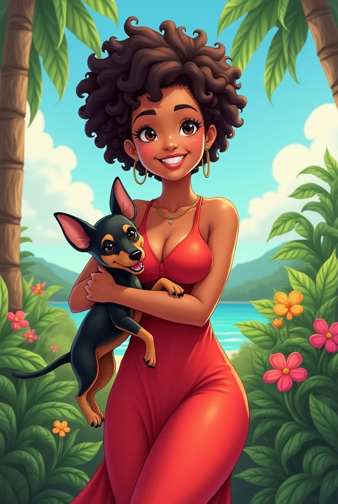 A Brazilian woman, Short with curly hair, chubby in a red dress holding a black and brown pinscher, anime.