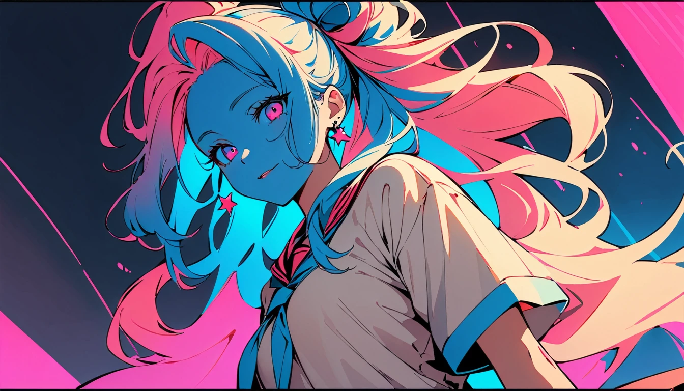 (high quality, 8k, 4K, High Contrast, masterpiece:1.2, 最high quality, Best aesthetics), (Dynamic Angle), ((1 female)), ((Flat Color)), Ura-hara fashion, Looking at the audience, Upper Body, Transparent Background, High Contrast, Contrasting colors, Cowboy Shot, Pale pink and blue lighting, Long Hair, ((Tied Hair)) ,Small Tits, Blue Hair, Small star-shaped earrings in both ears, watch, bright eyeshadow, R-18