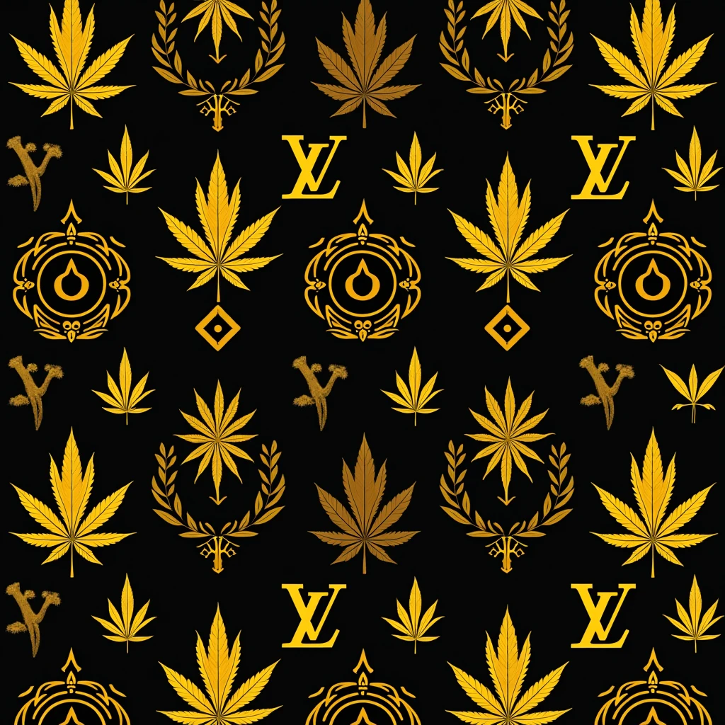 "Imagine a unique and sophisticated texture for a cannabis grow shop, inspired by the iconic aesthetics of the luxury brand LV. This texture features an elegant pattern where marijuana leaves replace the iconic monograms, creating a perfect fusion between luxury and cannabis culture. The predominant colors are a vibrant yellow and a deep black, that bring an air of exclusivity and modernity. Ideal to convey a feeling of opulence and style, this texture is perfect for premium products in the cannabis world. Let creativity bloom!"