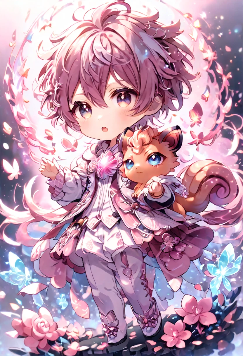 absurdres, highres, ultra detailed, HDR, master piece, Vulpix, expressive brown eyes, cute, fantasy, glittering pink butterflies, petals, magical, Pokemon, solo, very detailed eyes, glittering, pink flowers, crystal glass magic, pink shining fireflies, pink fire,