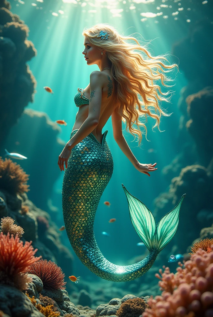 Create an image of a mermaid with many diamonds