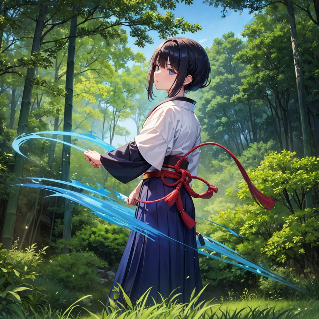 In the forest where beautiful Japanese scenery spreads out、An attractive female samurai stands。 The samurai, clad in his haori and hakama, faces a fierce battle、Blue in the forest々Bamboo forests spread、A gentle wind is blowing。 Samurai hides in the grass、Beware of sneaky enemies、His expression is stern、In his eyes, tension and anticipation intertwine.。 The blade of the Japanese sword glows lightly、Depicts the moment when a warrior's light, graceful movements dance beautifully in the midst of battle.。 Use this prompt、A lightly armed female samurai blends in with nature、Draw the moment of the battle。