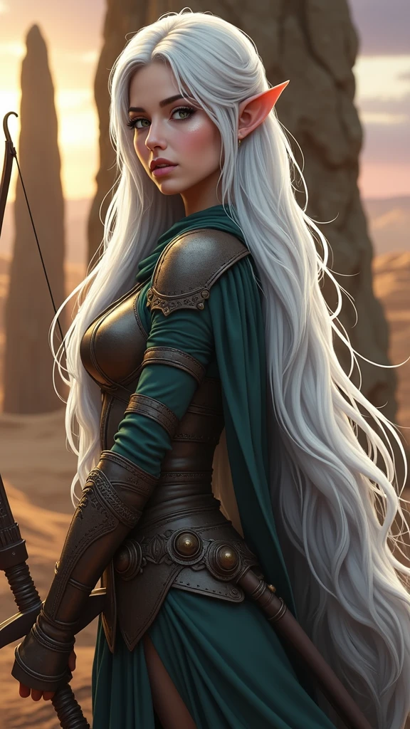 Elf woman , long straight hair, feeling light leather armor and medieval clothing, wielding a bow, in a desert, best qualityer, high fantasy.