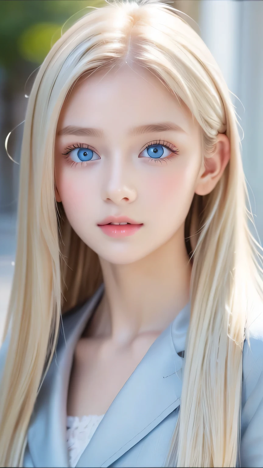 Portrait、、bright look、ponytail、bangs between eyes、bangs on the face、Young, shiny, white, glossy skin、gross face、cheek gloss highlight、best beauty、blonde reflection、Platinum blonde hair with dazzling highlights、shiny bright hair,、super long silky straight hair、Shining beautiful bangs、Attractive, beautifully shining, very bright, light blue eyes、very big eyes、Very beautiful nice cute 15 year old beautiful girl、rich bust、small face beauty、
