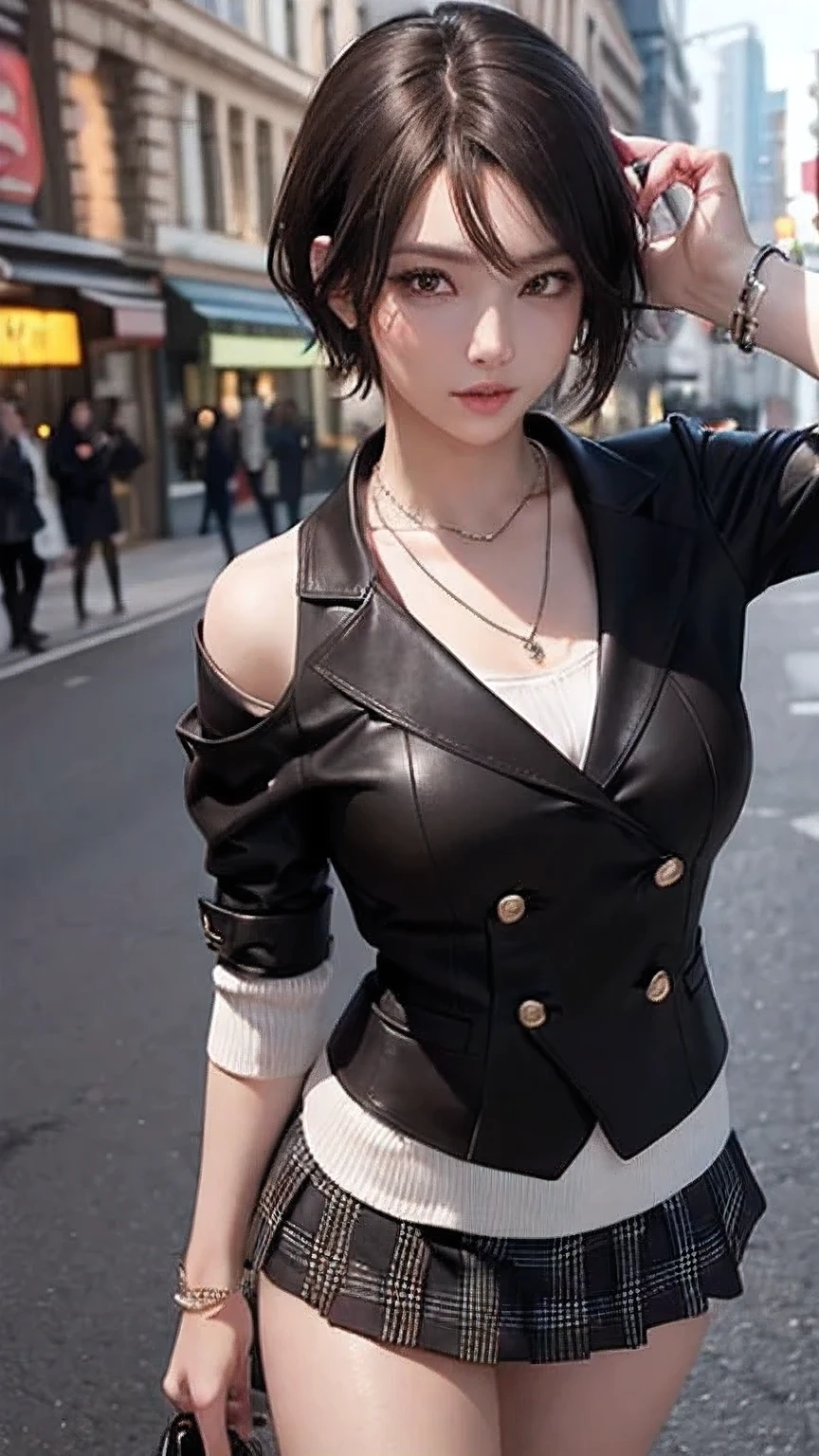 1 girl、alone、masterpiece,Highest quality,High resolution,Very detailed, (Oilskin:1.3, Glowing wet skin、Detailed skin texture、 jewelry, accessories、Colorful contact lenses:1.3, necklace,White and yellow pixie short hair:1.2)、Please move the camera away a little., 
 break、

(tmasterpiece:1.4), ((Giant Breasted)), Super detailed, One person, Brown eyes, Long black hair，Wear a police uniform and a short skirt, City streets,Sexy posture, The camera is close to the body
