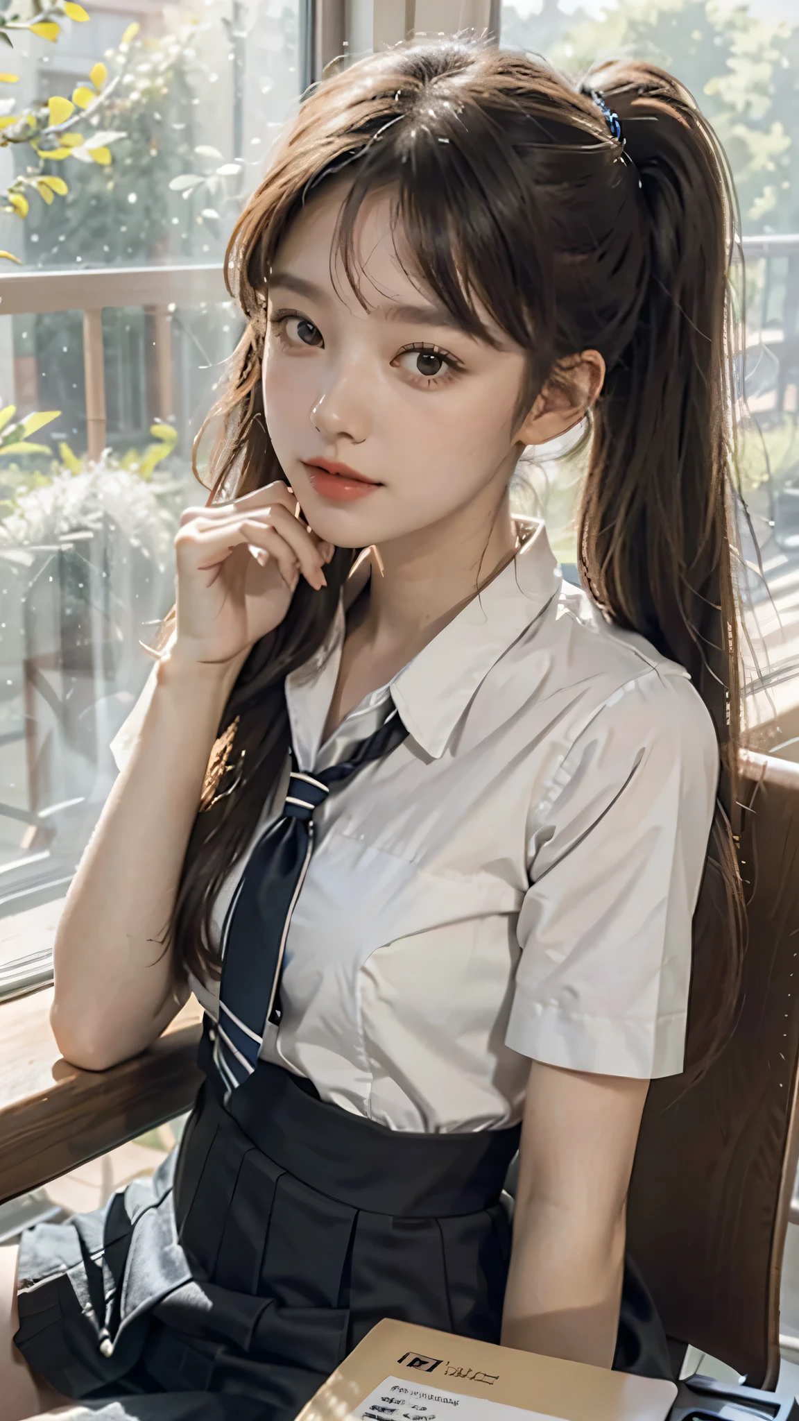 (extremely detailed CG unity 8k wallpaper,masterpiece, best quality, ultra-detailed),school classroom setting,sunlight filtering through trees,beautiful blonde high school girl with twintails and ahoge(D-cup),smartphone in hand,fidgeting with it,beautiful black-haired high school girl,thin and flat-chested, wearing sailor uniform,sitting on chair and having conversation with blonde girl who is sitting on desk,in the evening.