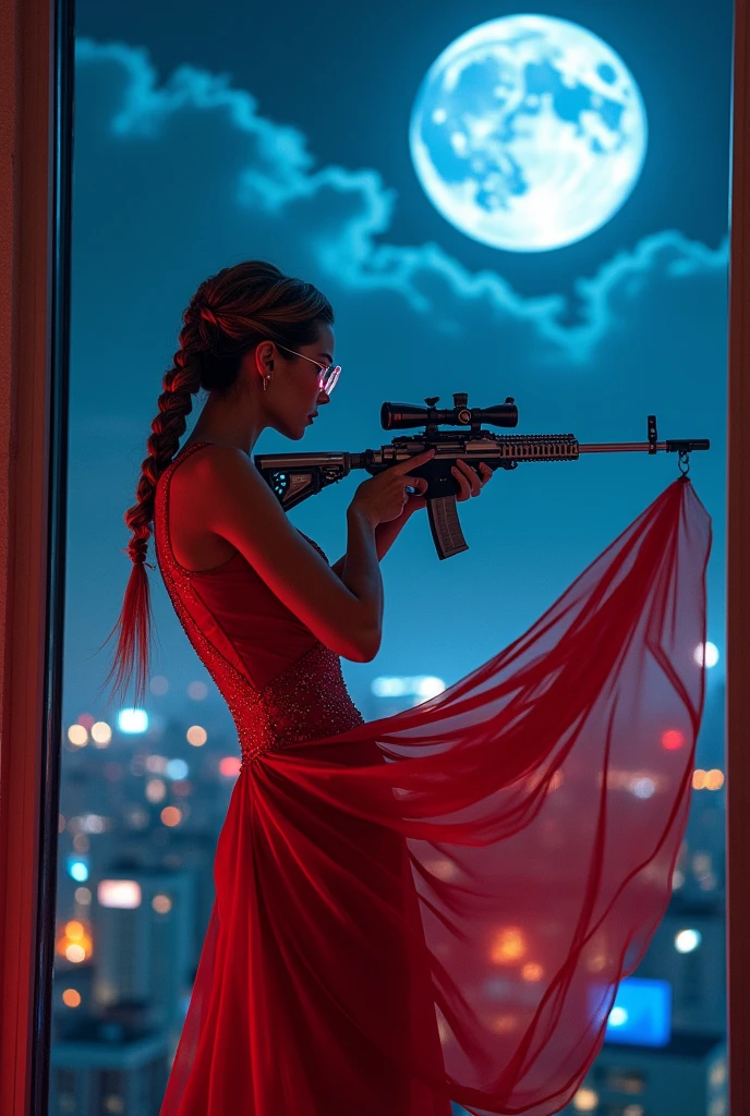 a portrait picture of a 1single sniper woman, standing in a window aiming a sniper rifle, an exotic elegant, beautiful sniper woman, dynamic hair color, braided hair, full body shop, intense blue eyes, wearing intricate glasses ultra detailed face, wearing (intricate red evening dress: 1.5), elegant dress, dynamic color, dynamic style, wearing elegant stiletto heels , behind a window in a tall building at nigh, aiming a (Light Sniper Rifle: 1.2) , cyberpunk city background, its night time, moon rays, some clouds, (full body shot: 1.1) , vibrant, Ultra-high resolution, High Contrast, (masterpiece:1.5), highest quality, Best aesthetics), best details, best quality, highres, ultra wide angle, 16k, [ultra detailed], masterpiece, best quality, (extremely detailed) Sniper Rifle, evening dress