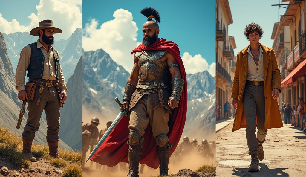 A composite image featuring a pioneer with a compass, a warrior with a sword, and a trendsetter with a fashionable outfit, all standing in their respective environments—mountains, battlefield, and urban streets. The scenes are vibrant and distinct, emphasizing each archetype’s unique qualities. --ar 16:9