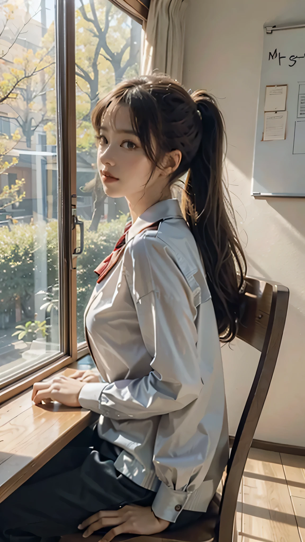 (extremely detailed CG unity 8k wallpaper,masterpiece, best quality, ultra-detailed),school classroom setting,sunlight filtering through trees,beautiful blonde high school girl with twintails and ahoge(D-cup),smartphone in hand,fidgeting with it,beautiful black-haired high school girl,thin and flat-chested, wearing sailor uniform,sitting on chair and having conversation with blonde girl who is sitting on desk,in the evening.