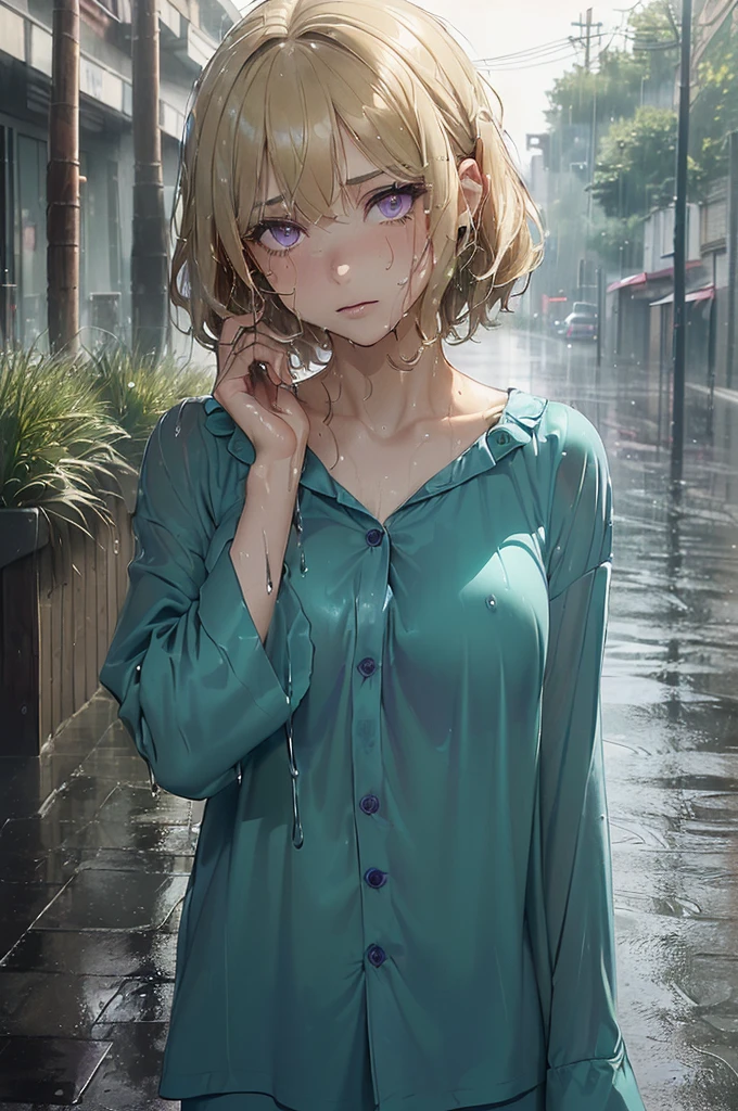 ((Very short hair)), (Amazing art, perfect, master quality, extreme detail, amazing eyes), (((raining, heavy rain, soaking wet, very wet, drenched, lots of rain drops), ((depressed purple eyes)), (short caramel-blonde hair), (Very dark image, very dark nighttime, barely illuminated, single dull amber light source), (soaking wet, drenched with rain, raindrops, heavy rain, lots of rain), ((soaking wet hair, hair clinging to her face, dripping wet hair, water dripping off her soaked hair)), 1girl, completely naked but for a teal coloured buttoned-up pyjama top, Street, path, pavement, sidewalk, town, nude, stunning purple eyes, Bright eyes, B-cup breasts, slender body, short hair, outside, comfy pyjama shirt, the sole source of light is an amber street light, street, pavement, town, pyjama shirt is very short, short buttoned pyjama top, detailed Pyjama top, very small chest, petit, B-cup breasts, buttoned shirt from top to bottom, tiny tits,