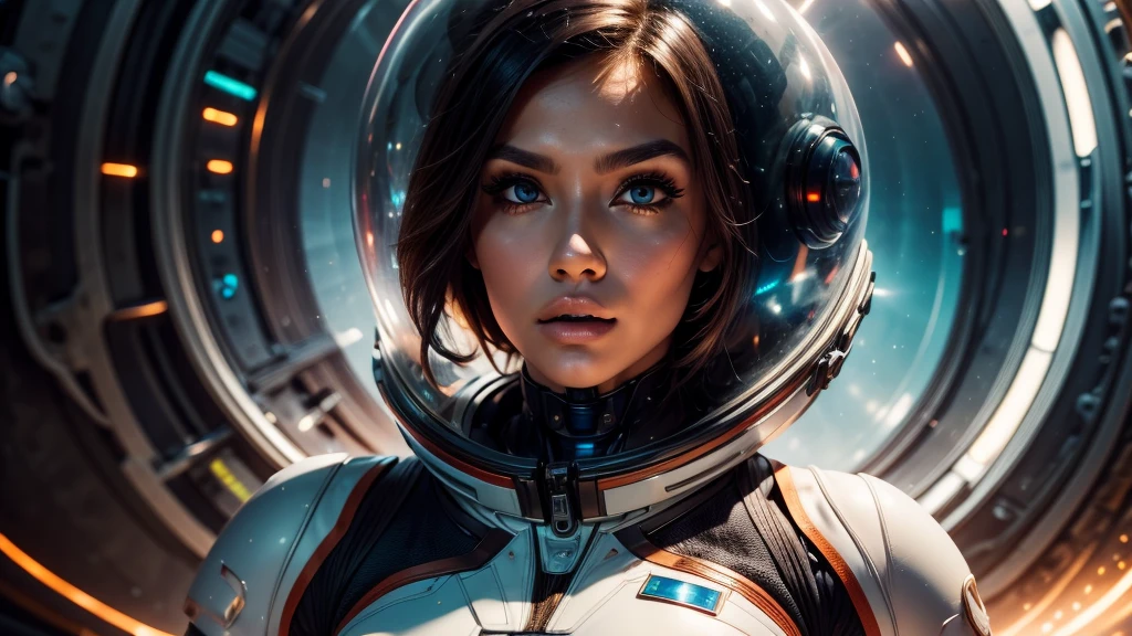 image of a white woman in a futuristic suit with a spaceship in the background, movie art, in front of an orange background, inspired by Robert McGinnis, female protagonist, megastructure in the background, portrait of an ai astronaut, astronauts, an astronaut, portrait of a astronaut skeletor, perfect android girl, Highly Detailed Face and Skin Texture, Detailed Eyes, Double eyelids, perfectly detailed teeth, frank franzzeta and sakimichan