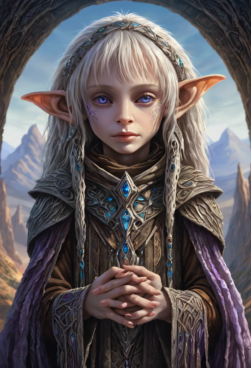 gelfling, dark crystal; Official Art – Charecter profile. An Award-Winning Digital Masterpiece In 4K Ultra HD, Extreme Detail And Intricate Realism. Symmetrical Face. This Concept Art Brought To Life By The Hands Of Artists Like Wlop & Artgerm In A Stunning 2D Vector Illustration.Background Is A Panoramic Vista.