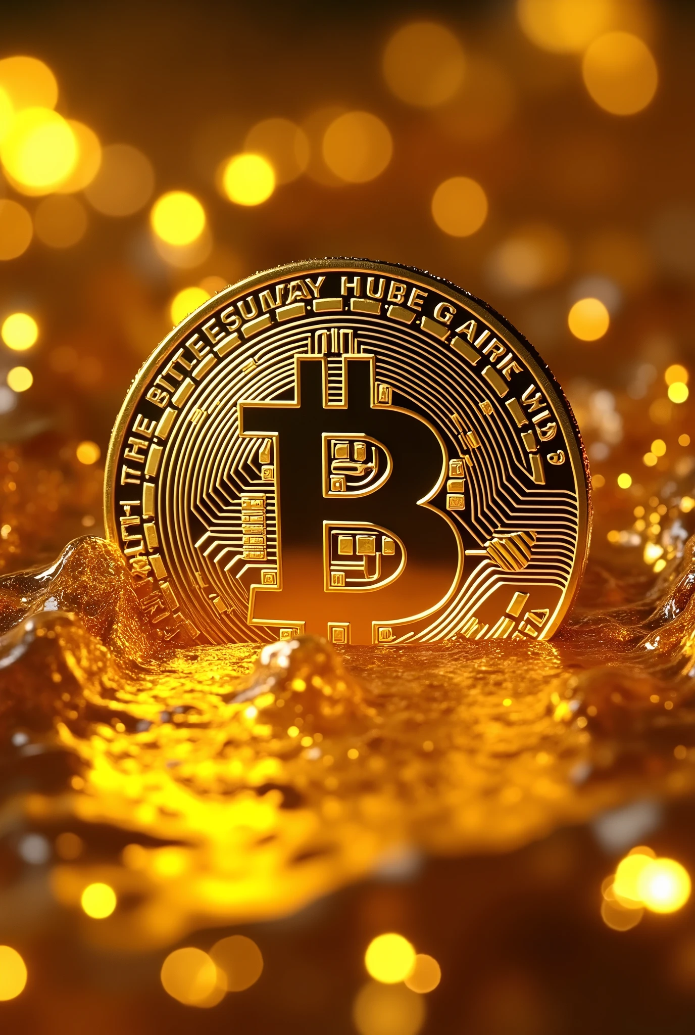 make a bitcoin coin in the vertical of gold melting in a pool of golden liquid metal, has a strong glow from the light reflected on the coin, lens flare effect
