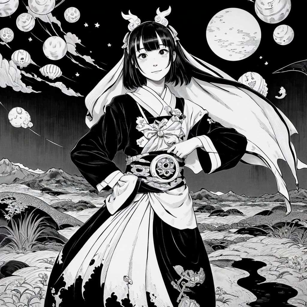 (1 person:1.2), alone, Hime Cut,Traditional clothing of Japan, Red eyes,cartoon style, Joe Fenton, Expressionless black and white photo, camp, Undeserved, Bite, envy, Gust (Lovecraft),Calm, A kind smile, Wayne Barlow,, in gochuumon wa usagi desu ka? style, nostalgic