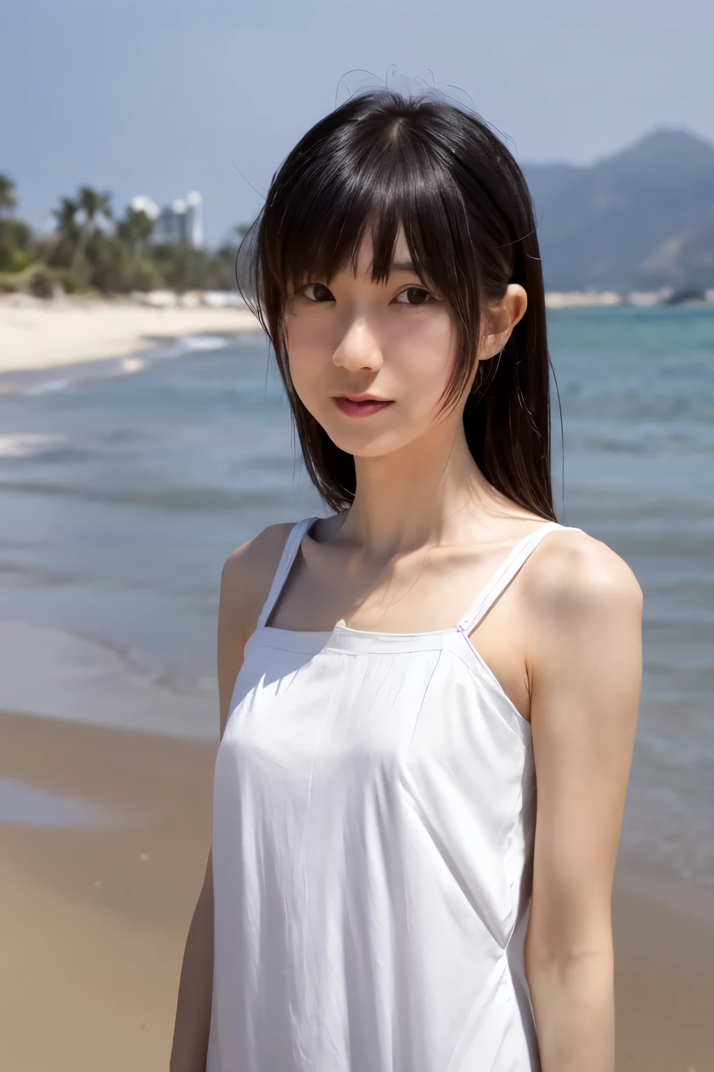 8k, highest quality, masterpiece, photogravure, super high resolution, RAW Photos, One Girl, a skinny Japanese woman, 30 years old, thin waist, slender legs, standing on the beach, a black hair, (wearing a white cotton dress next to the skin: 1.4), anatomically correct body, (cute face, detailed face, detailed eyes),