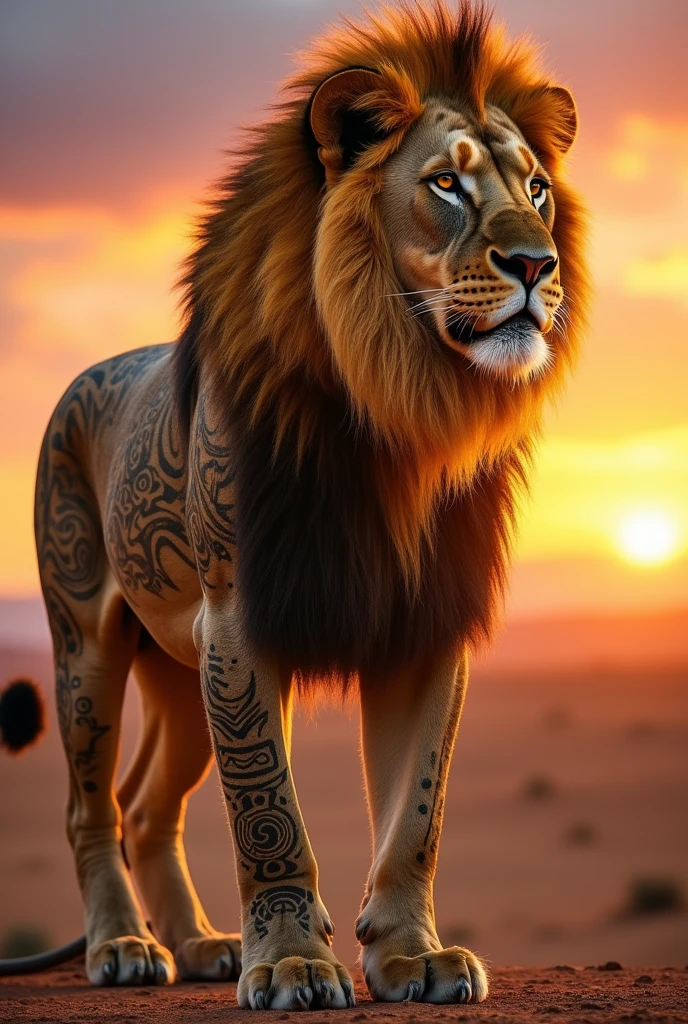 A lion with tribal tattoos inspired by Apache art, covering his body and face.