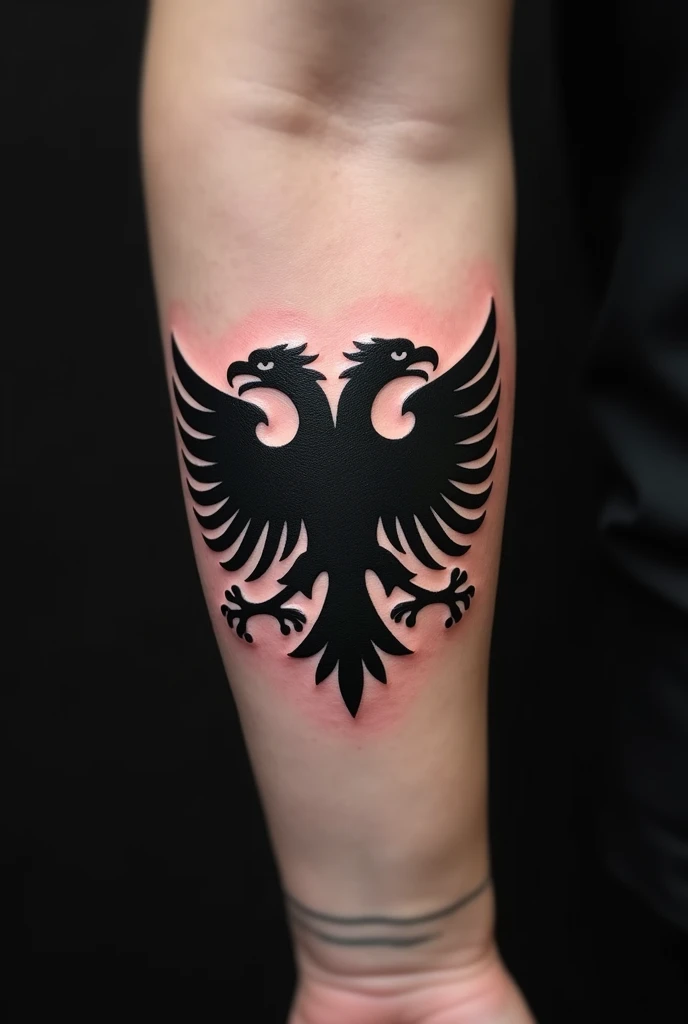 Can you create the Albanian flag for me? I want it as a tattoo, but I want it on my forearm and for the whole tattoo to be black. Can you add a gradient that goes from black to a mafia style? Can you make it smaller?