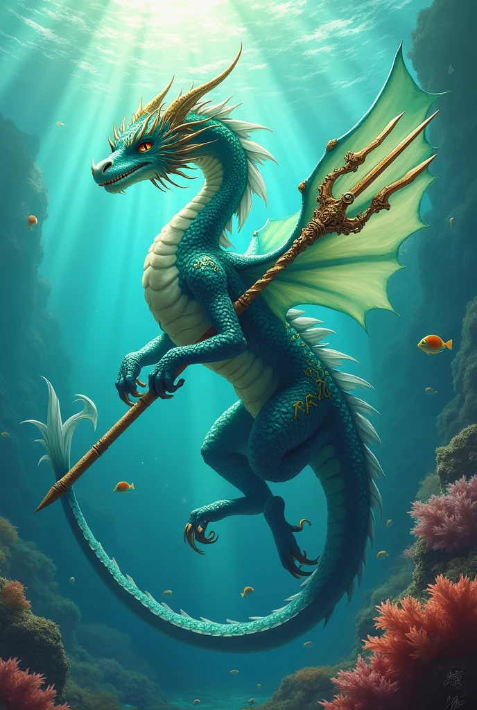Create a mythical water dragon, that brandishes Server 657, and the letters PRQ