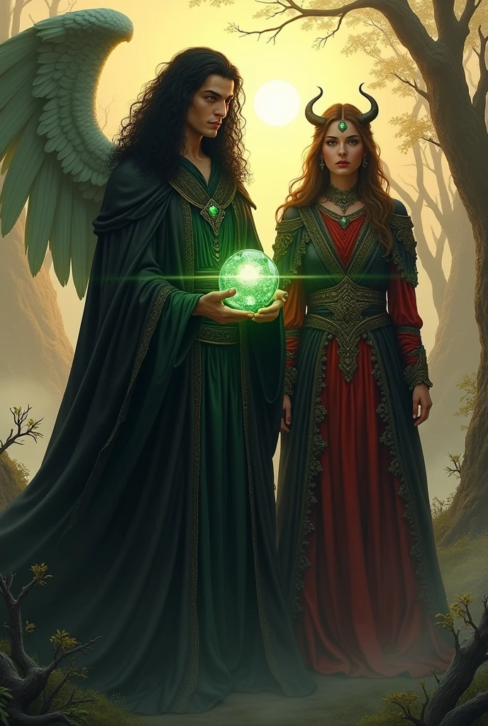 a man with long, curly black hair, pointed ears and a black robe holding a gemstone, majestic full-body angel in dark robes with green details, noble elf in red robes, tom bagshaw donato giancola, fantasy character design , divinity inspired by Yoann Losel, an angel of the dawn light