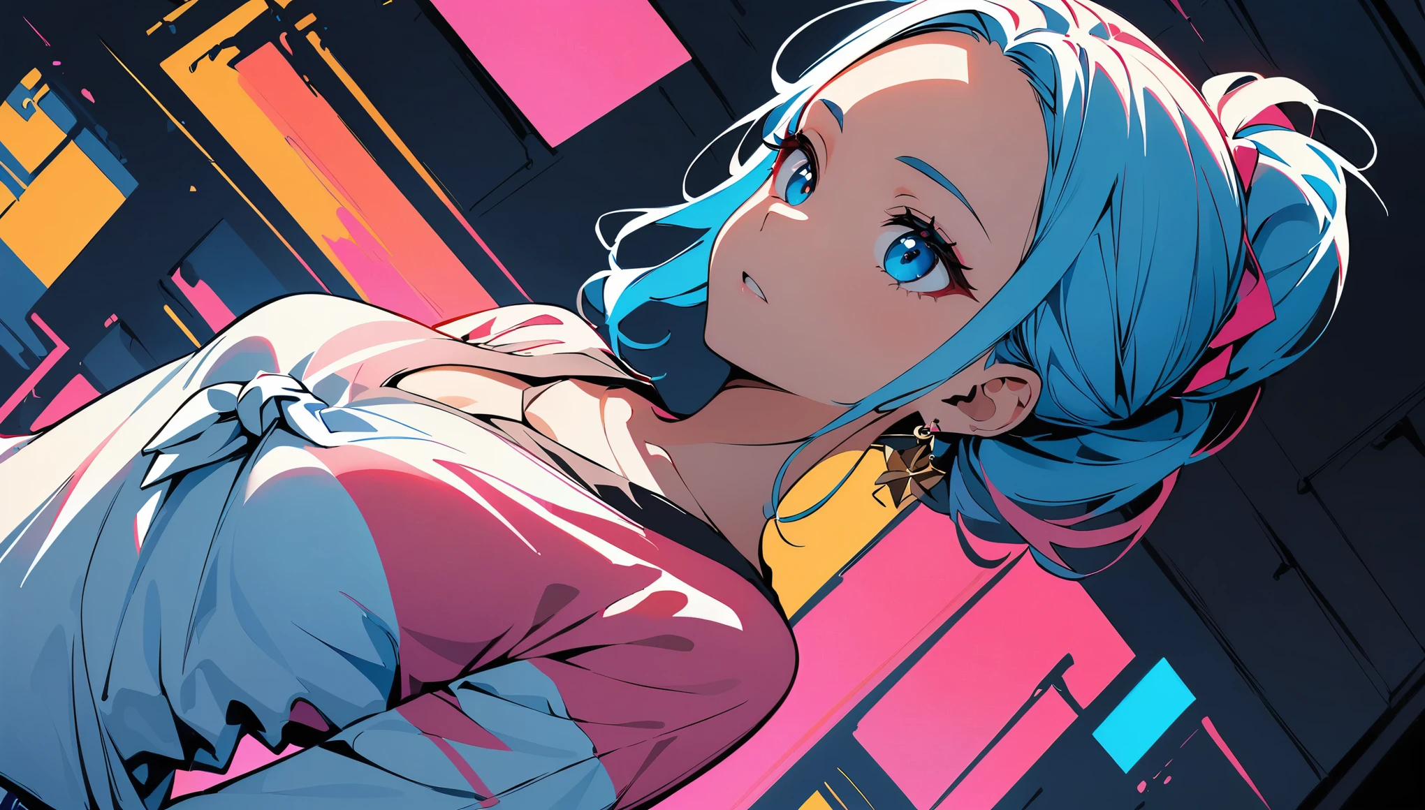 (high quality, 8k, 4K, High Contrast, masterpiece:1.2, 最high quality, Best aesthetics), (Dynamic Angle), ((1 female)), ((Flat Color)), In underwear, Looking at the audience, Upper Body, Transparent Background, High Contrast, Contrasting colors, Cowboy Shot, Pale pink and blue lighting, Long Hair, ((Tied Hair)) ,Small Tits, Blue Hair, Small star-shaped earrings in both ears, watch, bright eyeshadow, R-18
