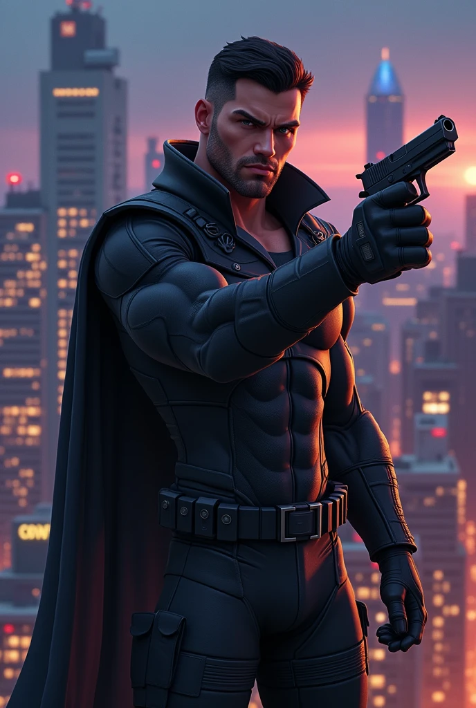 Make me a superhero whose suit is black military style with a jacket, like a Robin, , without cape, that part of his face can be seen and in an animated version and that he carries a 9mm pistol