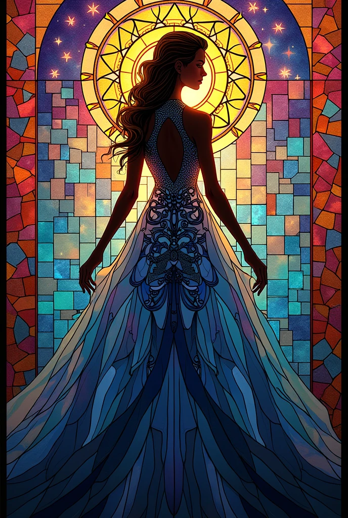 (masterpiece, Best Quality), 8k,(((Very detailed))), career:1.8,Super intricate career pattern,colorful career pattern,Stained glass background with transparent body., mandala,light,Cold, 1 female,open back,(chinos,rubio),