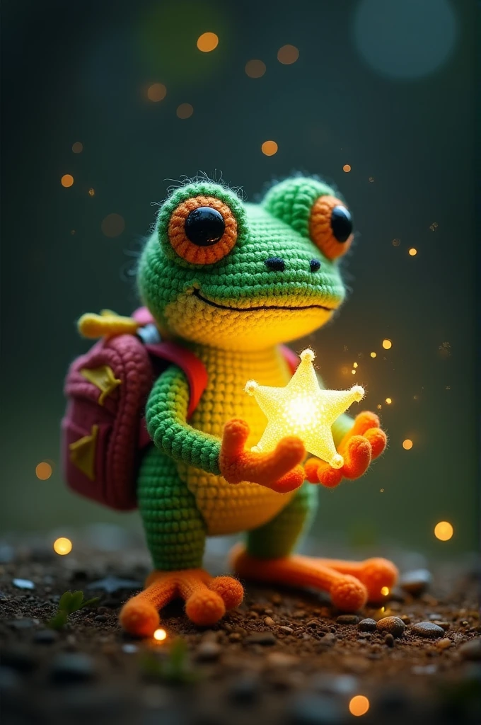 A dreamy portrait of an amigurumi green, long-limbed little frog with a backpack on his back, surrounded by soft light. In his hands he holds glowing stars, and the stars cast a warm glow that softly illuminates his face. His eyes are full of wonder, reflecting the shining light, and his face is pure and innocent. The background is dark, emphasizing the magical light from the stars. The overall mood is fantastical and magical, with soft shadows and warm, inviting tones."