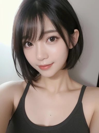 masterpiece、Highest quality、Realistic、超High resolution、High resolution、16k wallpaper、Very detailed、Finer details、Cinema Lighting、A white room with a glass pedestal、Selfie of one woman, Symmetrical face、Very detailed顔と肌の質感、Natural Makeup、A small smile、looking at the camera、Detailed eyes、Symmetrical black eyes、Messy medium-short wavy hair、High-quality khaki tank top、nice, Japanese Gravure Idol