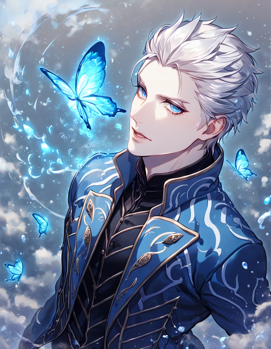 absurdres, highres, ultra detailed, HDR, master piece, best quality, Vergil, white hair, slicked up, expressive blue eyes, Devil May Cry, solo, sexy man, handsome, sensual, blue coat, black shirt, magical, fantasy, water, blue flames, dust, blue moon, starry, blue fireflies, blue flowers, blue butterflies