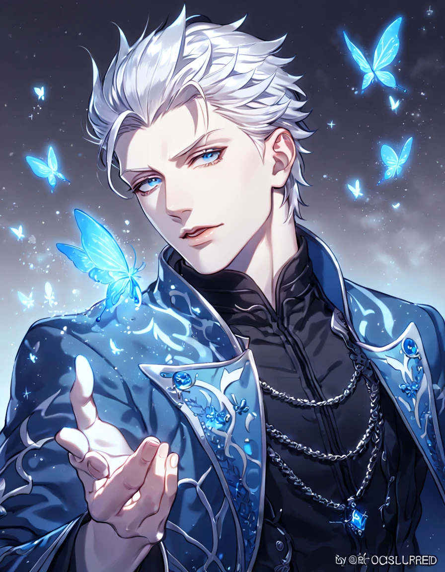 absurdres, highres, ultra detailed, HDR, master piece, best quality, Vergil, white hair, slicked up, expressive blue eyes, Devil May Cry, solo, sexy man, handsome, sensual, blue coat, black shirt, magical, fantasy, water, blue flames, dust, blue moon, starry, blue fireflies, blue flowers, blue butterflies