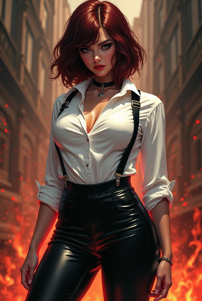 2d art, hell background, dark color palette, thick body curvy_figure, dressed in leather leggings and white blouse with black harness, beautiful young woman standing, long bob cut hair dark reddish brown hair color, pale skin, small mouth thin_lips, action pose, portrait, dark colours, comics style, cartoon 2d, gothic atmosphere, muted colors, detailed, 8k, no_bangs