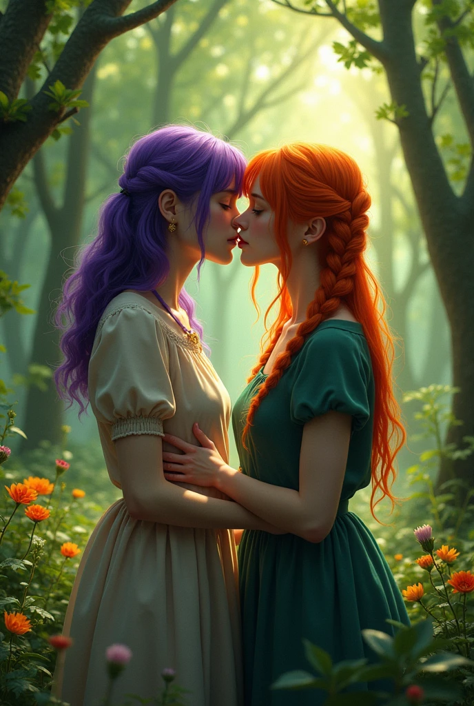 2 girls kissing in the forest, one has short shoulder-length hair and is purple, the other is more taller, has orange hair and wears a braid, and is stabbing the purple-haired girl with a knife in her stomach