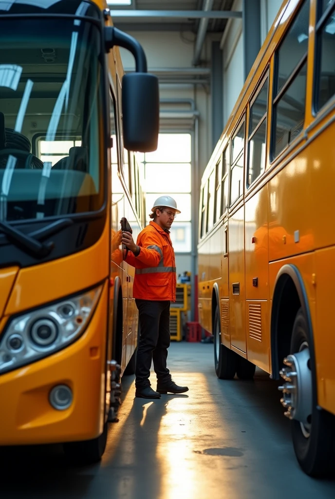 "Design a realistic image showing workers in a transportation company following safety protocols. The scene could depict a driver checking a bus before starting the route, or a mechanic using safety equipment in a well-maintained garage. Use a natural, everyday setting with realistic lighting and textures."