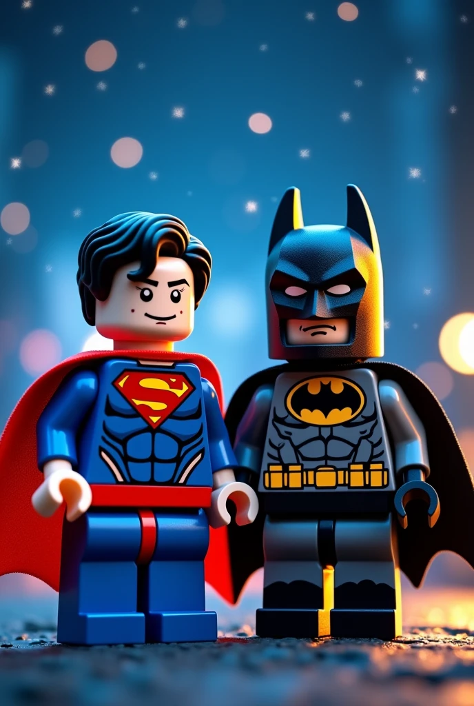 Superman and Batman in Lego art, at night.