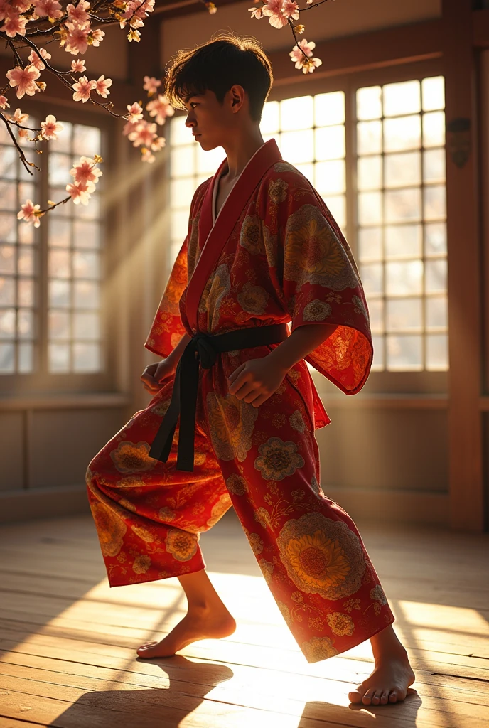 teenage man, kimono, fighting power, dojo, solar lighting