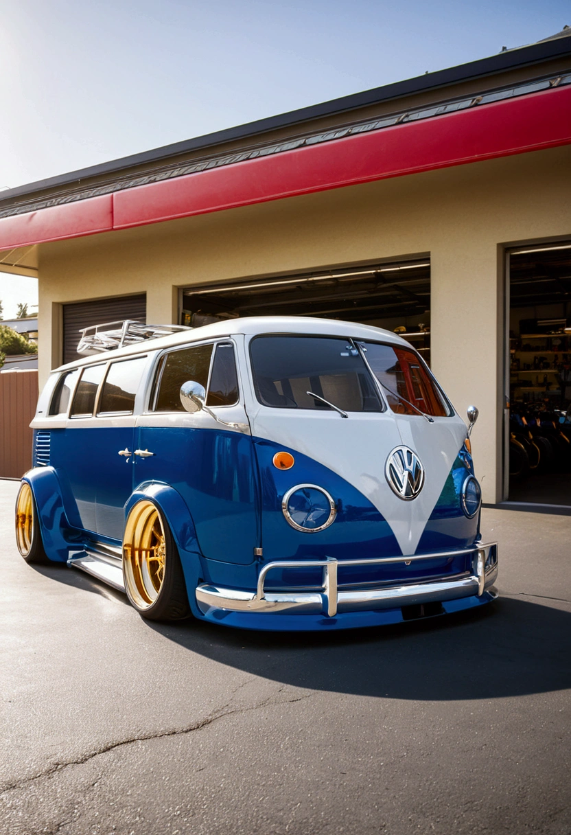 DIAGONAL and distant CAMERA, full image of a 1980 VW KOMBI hot rod, futuristic style, rounded corners, Dark blue METALLIC MIRROR reflective, Dark blue METALLIC MIRROR, EXTREMELY POLISHED AND MIRRORED PAINTING, PAINTING reflects bright sunlight, Hot rod style, film style stalone cobra, The painting reflects the bright sunlight, reflection of light shine on painting, has a THICK AND WIDE wheel in the color GOLD star, turned wheels, has GOLD star color wheel, thick and ridiculously wide and turned sports wheels, GOLDEN AND POLISHED WHEELS, ridiculously lowered front suspension and raised rear suspension, detailed grille with cross ornaments, car with extreme details, IN A PARKING LOT IN FRONT OF A GAS STATION STYLE with neon, image in diagonal pose, hyper-detailed image masterpiece, whole image, The sun shines brightly on the car's paint., There's a beautiful 18 year old girl leaning against the car. ultra detaild, realisitic, There's a beautiful 18 year old girl leaning against the car. ultra detaild, realisitic
