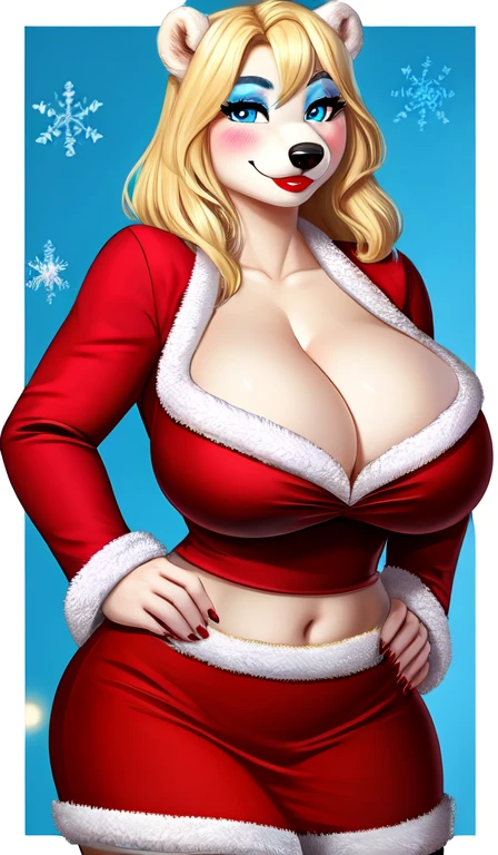 Blonde polar bear woman, wearing a Santa dress, perfect face, blue eyes, blue eyeshadow, big breasts, cleavage, three-quarter view, solo, smile, perfect detailed body, red lipstick, midriff, hands on hips, blushing