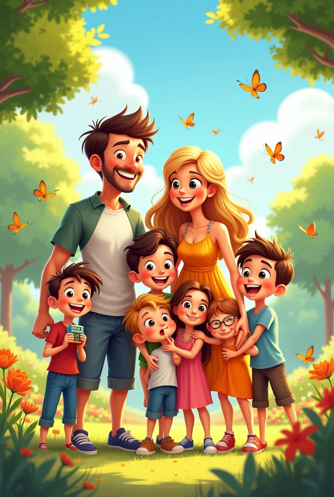 A family of seven, with husband and wife, five children, boy, boy, boy, girl, baby, cartoon