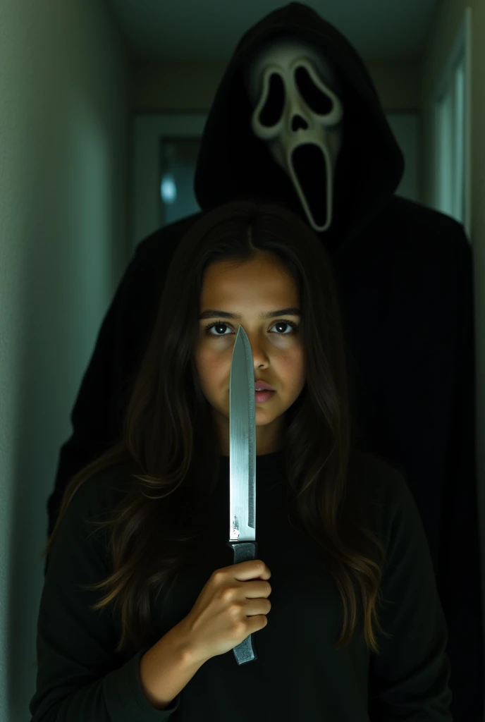 Tanned girl with a serious face, half hidden in the darkness with a knife in front of her face, with the shadow of Ghostface.