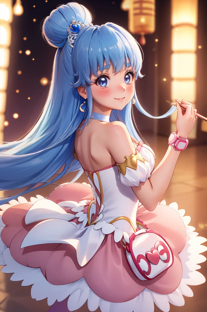 ultra detailed, sharp focus, best quality, masterpiece, colorful, ShirayukiHime, SherbetBallet, hair bun, ballerina, bare shoulders, hair ornament, bowing, kowtow, strapless dress, wrist cuffs, choker, white pantyhose, best quality, masterpiece, intricate details, blush, smile, nose blush, skirt lift, white panties, (cameltoe:1.2), from below,