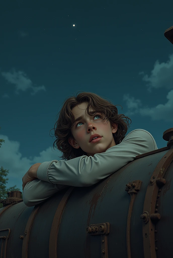 artwork male teenager long brown hair with open curls light gray long sleeve shirt sad lying with details on top of an old abandoned train at night best quality ultra detailed