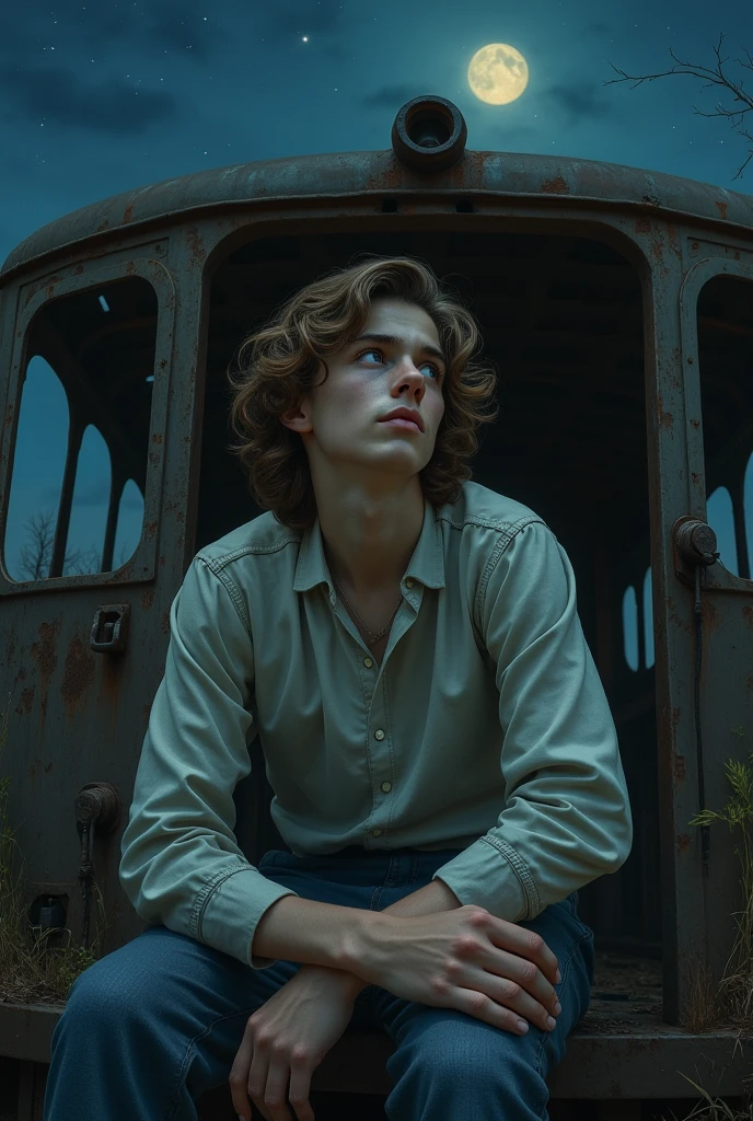artwork male teenager long brown hair with open curls light gray long sleeve shirt sad lying with details on top of an old abandoned train at night best quality ultra detailed