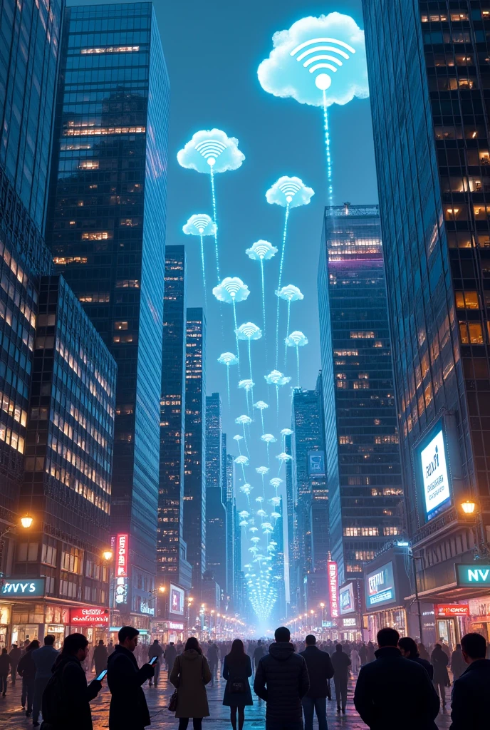 CITY OF BUILDINGS WITH WIFI ICONS, THE CLOUD, technology