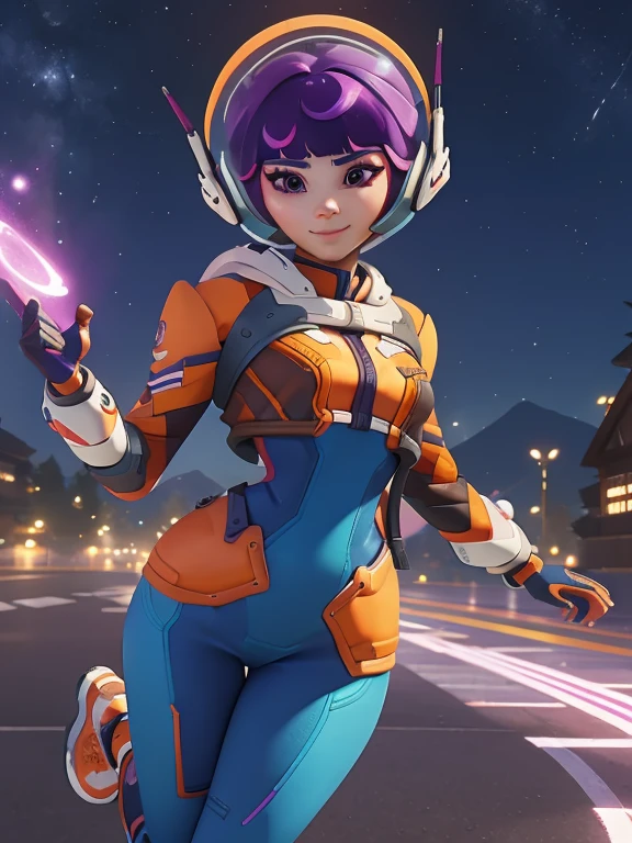 Juno_Overwatch_2, short hair, messy hair, purple hair, bangs, brown eyes, white headphones, orange cropped jacket, blue skintight bodysuit, white backpack, space ranger, blue and orange gloves, long eyelashes, cute face, orange and white space boots, wide smile, excitement, she's very adventurous, outer space background, pink nebula's in the surroundings
