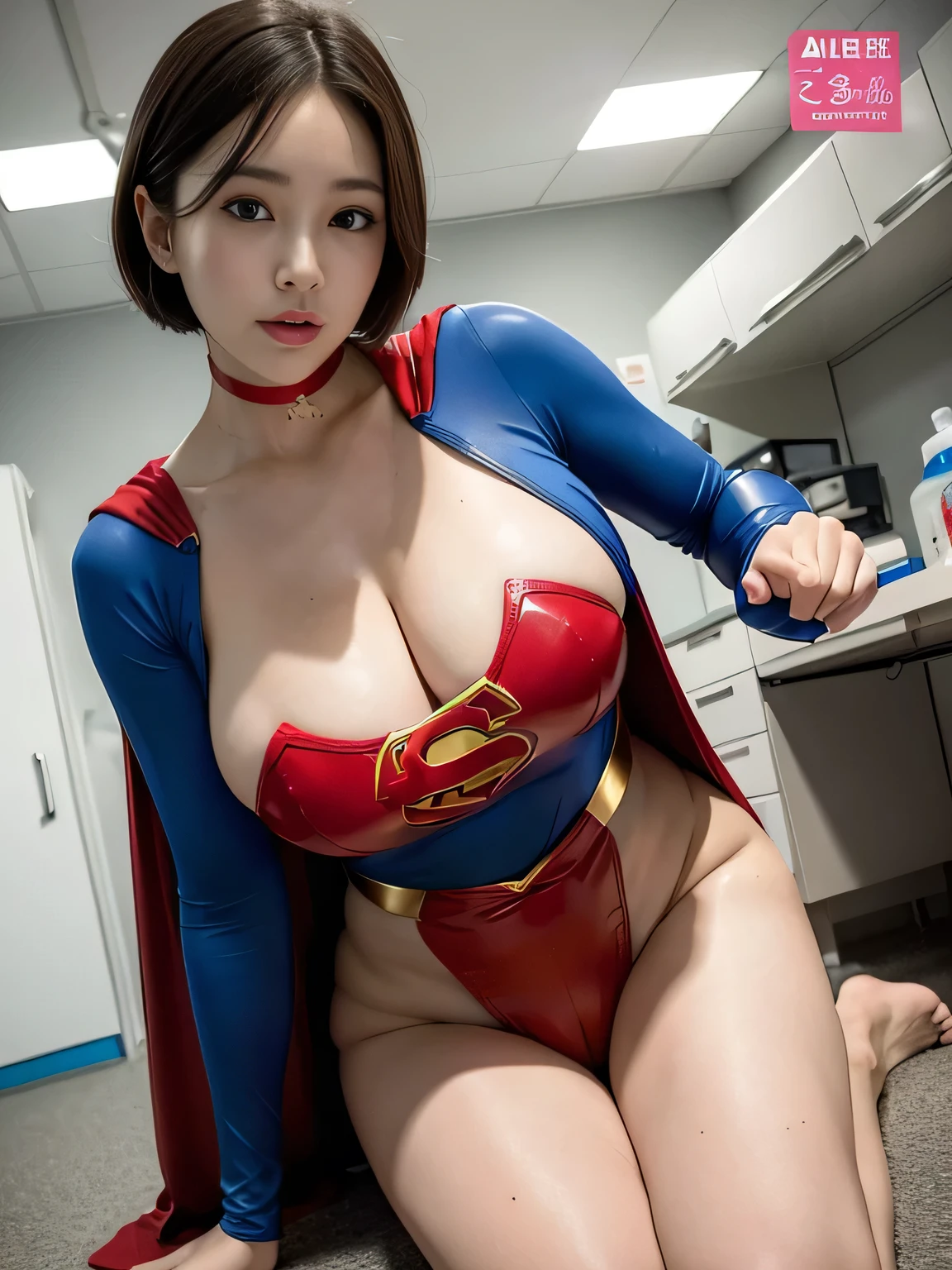 masterpiece、Rubber Supergirl Costume、short hair、barefoot、Big and ample breasts、looking at the camera、choker、Long sleeve、Cape、mini skirt、Off the shoulder、Sweaty skin、In front of the laboratory equipment in the hospital room、Photo magazine cover、Glamorous cleavage、Boasting beautiful legs、High leg leotard、Bare legs、Young wife in her s、Close-up、Nymphomaniac、