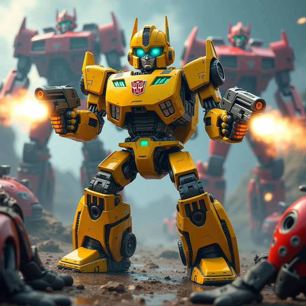Robot. Yellow. Green. Car parts. 2 guns shooting. Robot face, High Resolution, Masterpiece, Best Quality, High Details, transformers in background. Autobot insignia. Multiple Views, square head. Blue eyes.