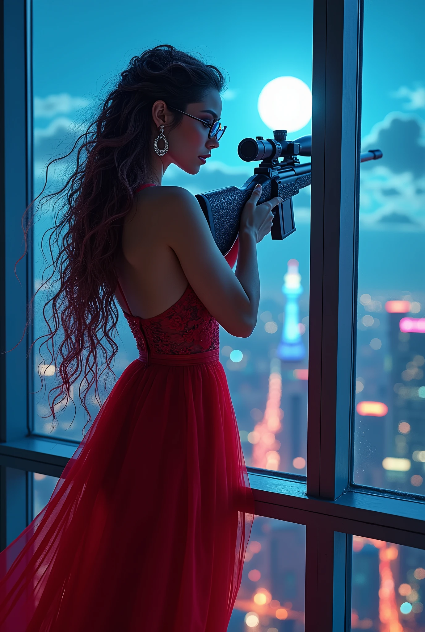 a portrait picture of a 1single sniper woman, standing in a window aiming a sniper rifle, an exotic elegant, beautiful sniper woman, dynamic hair color, braided hair, full body shop, intense blue eyes, wearing intricate glasses ultra detailed face, wearing (intricate red evening dress: 1.5), elegant dress, dynamic color, dynamic style, wearing elegant stiletto heels , behind a window in a tall building at nigh, aiming a (Light Sniper Rifle: 1.2) , cyberpunk city background, its night time, moon rays, some clouds, (full body shot: 1.1) , vibrant, Ultra-high resolution, High Contrast, (masterpiece:1.5), highest quality, Best aesthetics), best details, best quality, highres, ultra wide angle, 16k, [ultra detailed], masterpiece, best quality, (extremely detailed) Sniper Rifle, evening dress