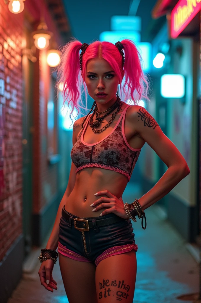 A girl with pink hair in two pigtails wearing provocative clothing
