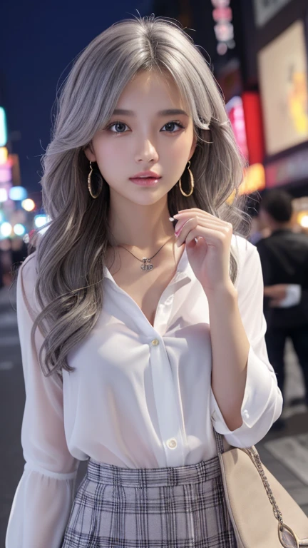 Cinema Lighting、(Front 45 degree angle), Accurate human body、(Accurate 5 fingers)、RAW Photos、 4K - ultra-vivid、Highest quality, masterpiece, Ultra-high resolution, (reality: 1.4)、Background Blur、Beautiful Eyes, Perfect face and eyes、(((White blouse)))、Hair quality and shine、nightの渋谷、Busy Street、 (night:1.8,) , , Checked mini skirt, Earrings,necklace、 Are standing , (Small breasts:1.3)、Long Hair、 (Gray Hair:1.2)Blonde, Asymmetrical hair, Wavy Hair、Messy Hair、Purple Nails、